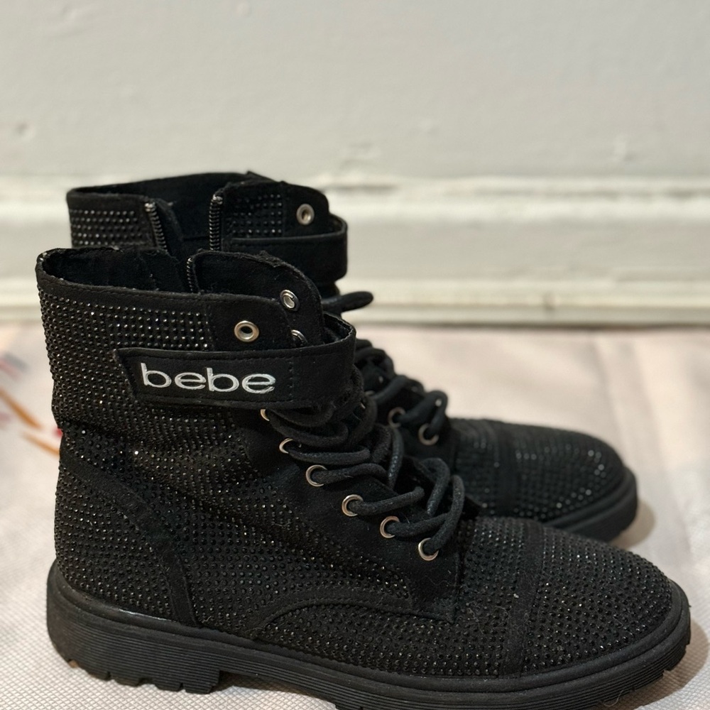 Bebe Black Combat Moto Boots with Textured Fabric